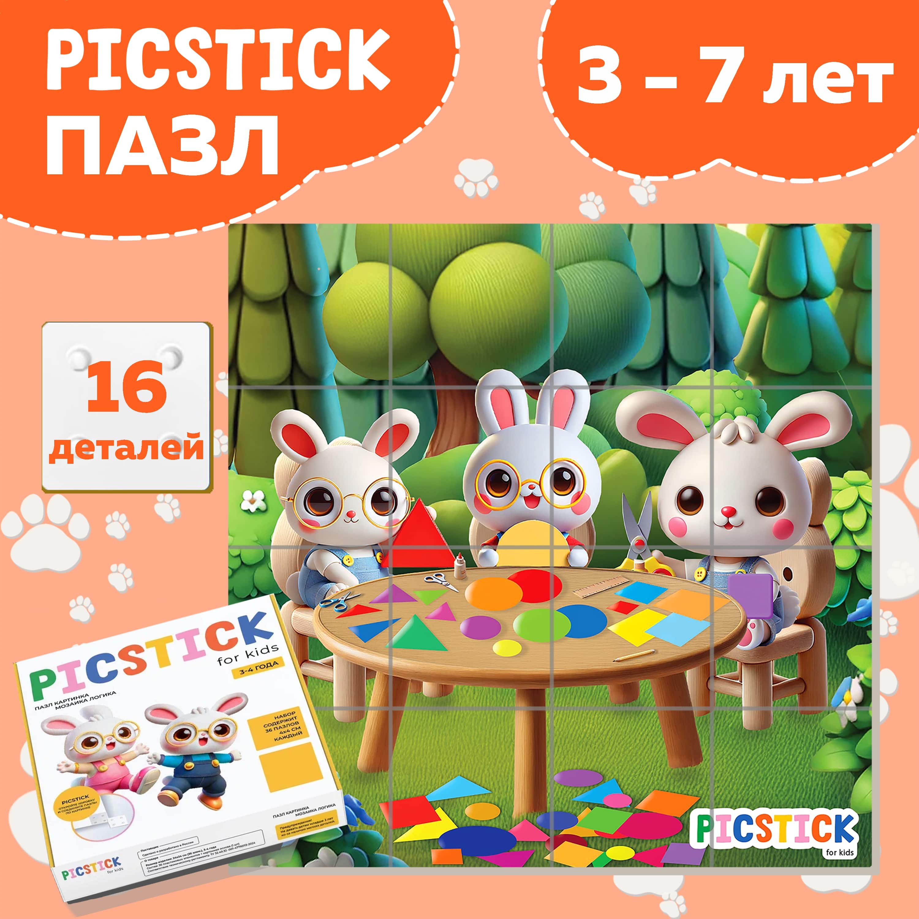 Пазл Picstick Пикстик Мастерская форм и цветов (XS (16x16 см, 16 эл, 3 года), 00436)